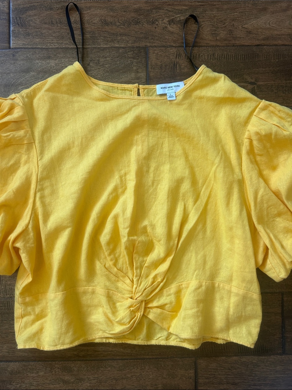 Madewell Sunny Yellow Knot-Front Puff Sleeve Crop Top